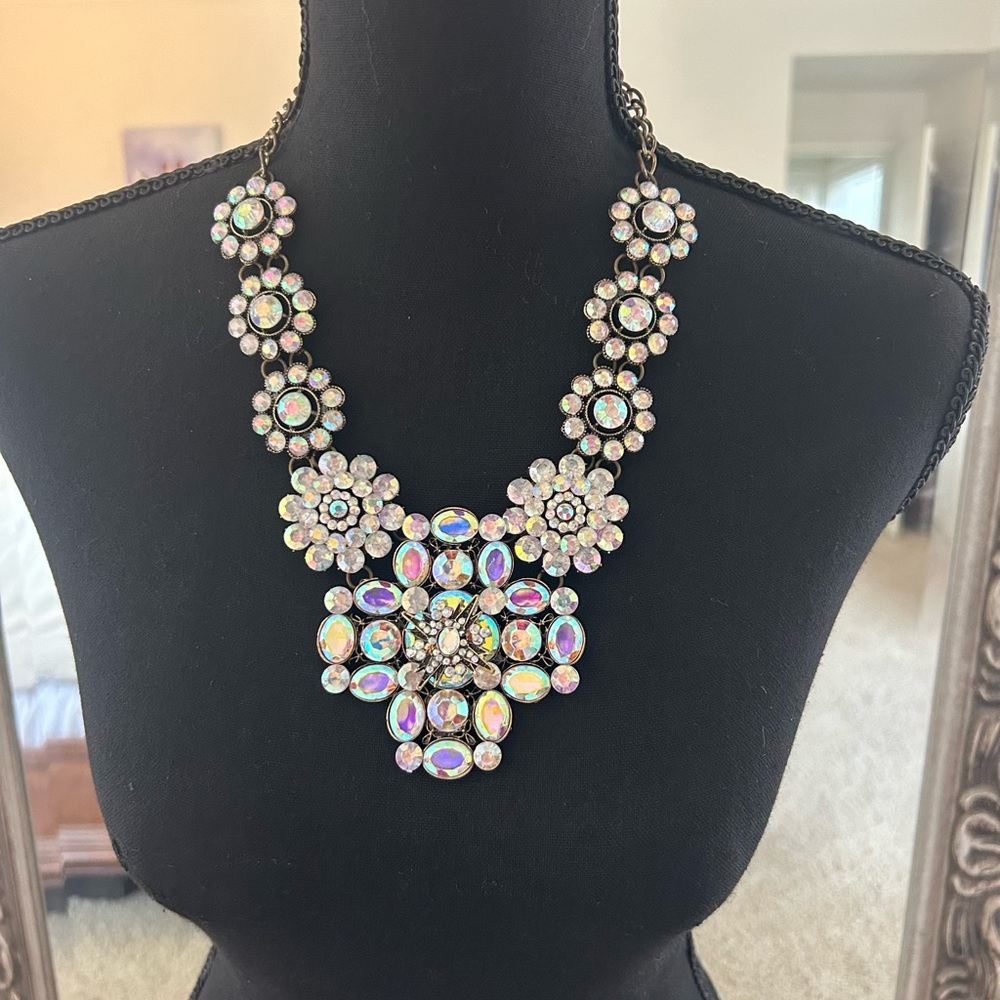 Iridescent Crystal Floral Necklace with Silver-Tone Setting